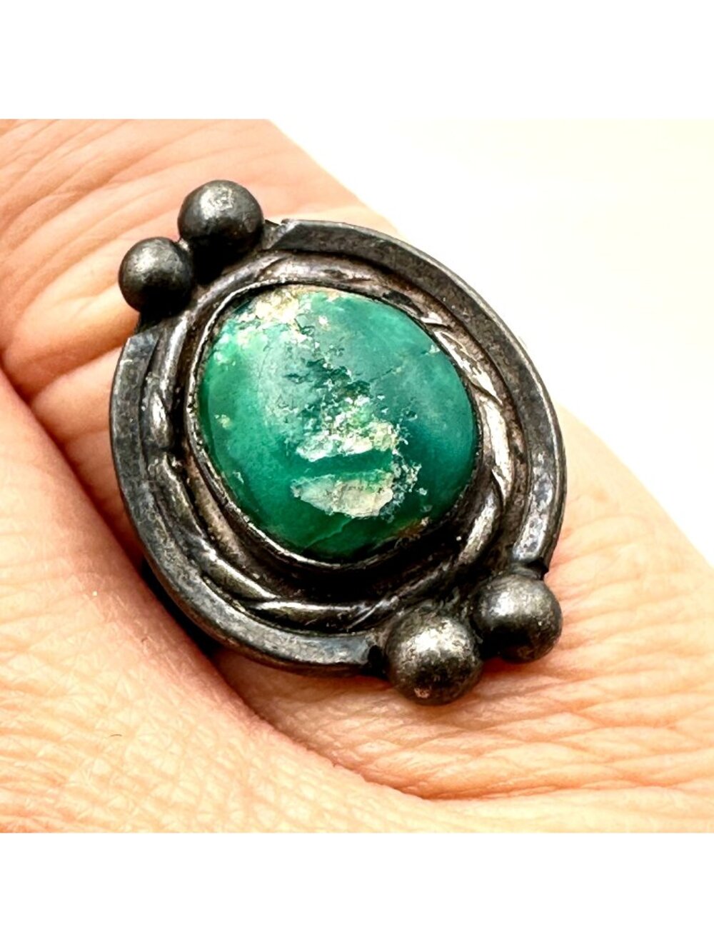Native American Ring Sterling Silver Green Turquoise Size 6.5